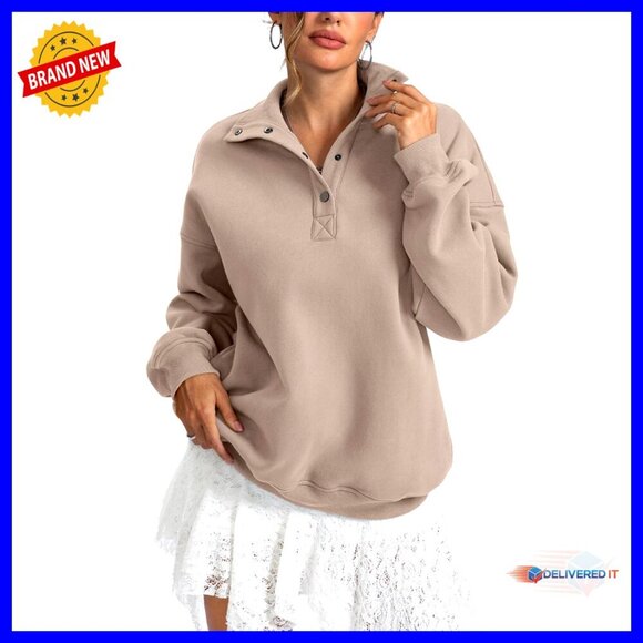 Tops - Oversized Fleece Sweatshirt Henley Neck Button Pullover Long Sleeve Top